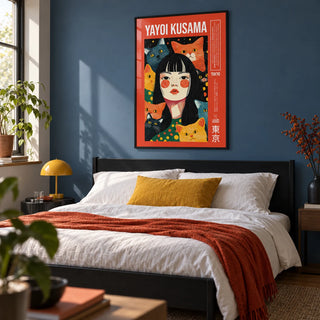Quirky Wall Art, framed on the wall of a modern bedroom with a slate blue painted wall