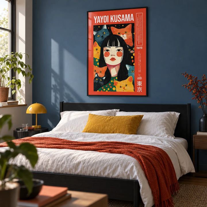 Quirky Wall Art, framed on the wall of a modern bedroom with a slate blue painted wall