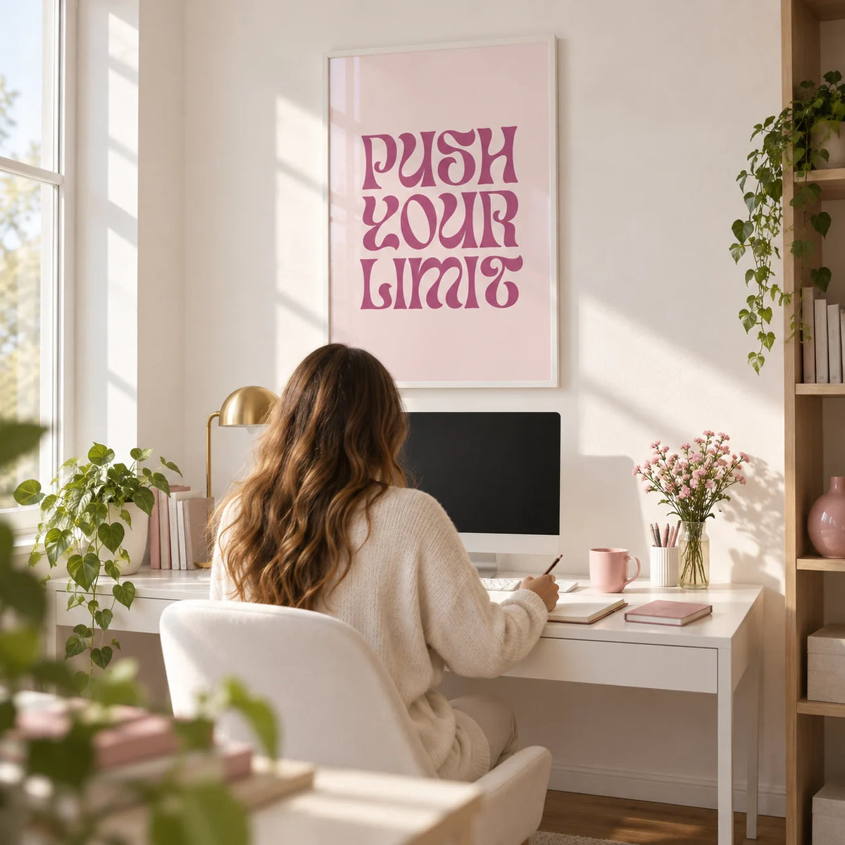 Quote Motivational Posters, framed on the wall of a bright home office with a white wall
