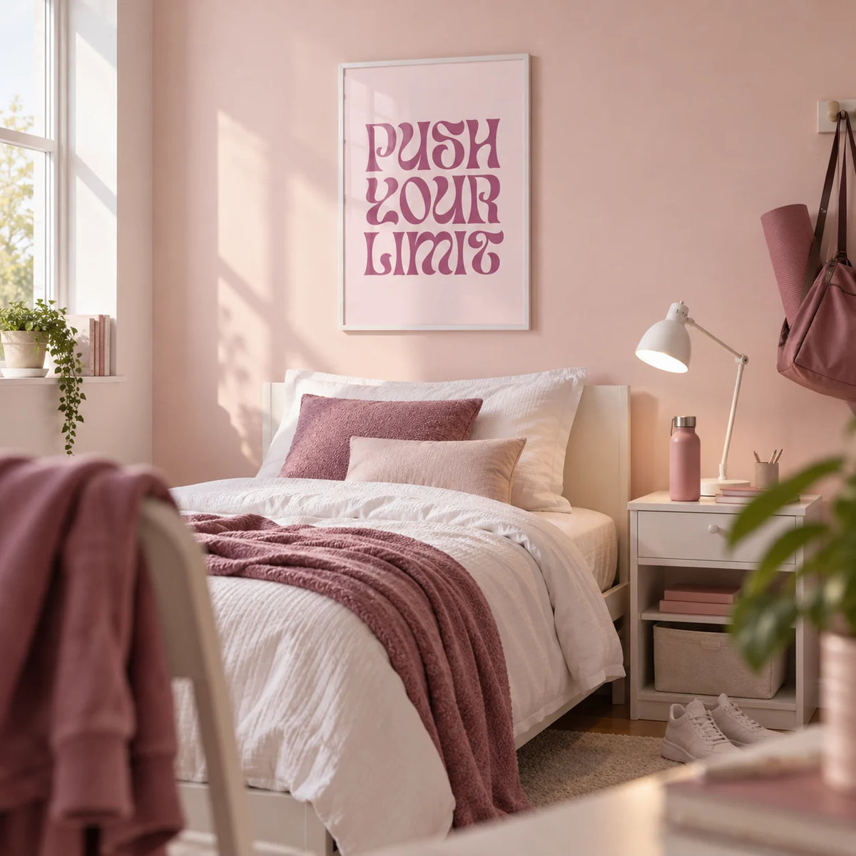 Quote Motivational Posters, framed on the wall of a tidy single bedroom for a sporty teenage girl (14-17) with a pale pink wall