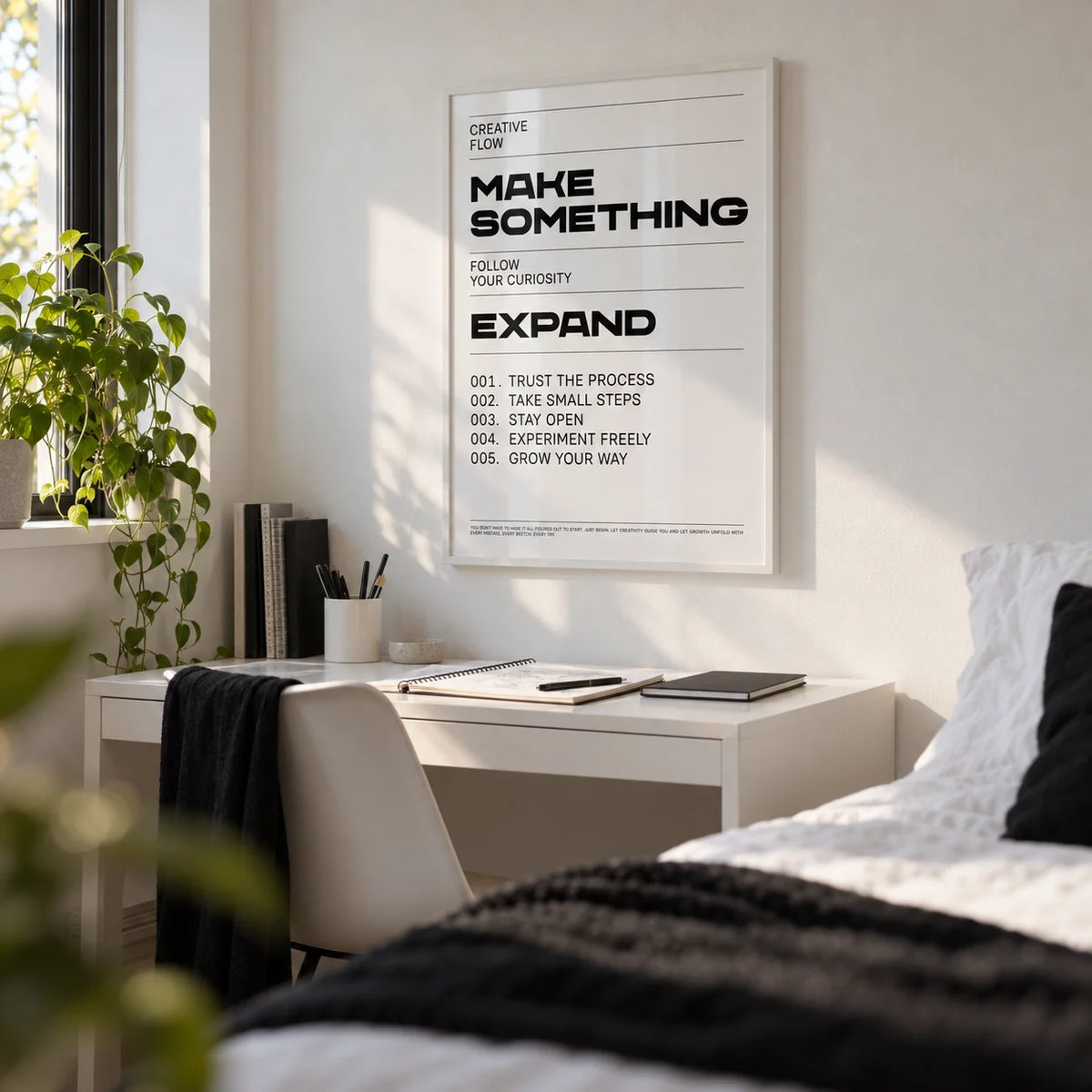 Quotes for Room Wall, framed on the wall of a creative teenage girl's single bedroom (14-17) with a white wall