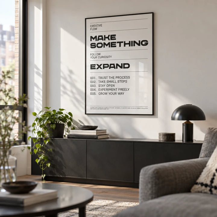 Quotes for Room Wall, framed on the wall of a design-led city-flat living room with a white wall