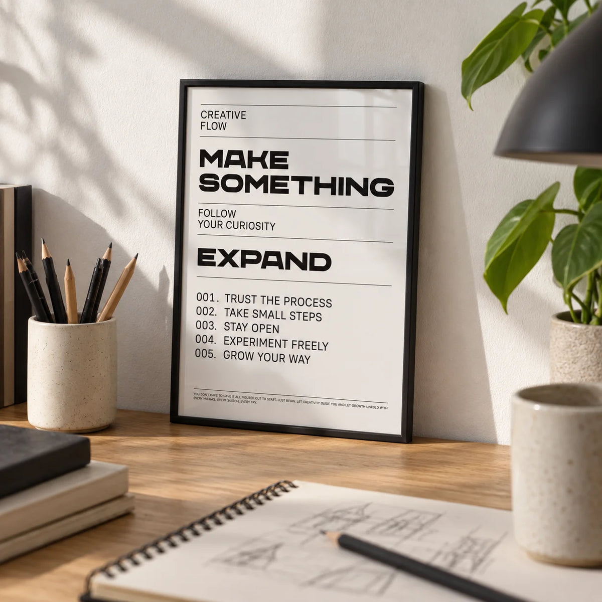 Quotes for Room Wall, a small A4 framed print leaning on an oak desk
