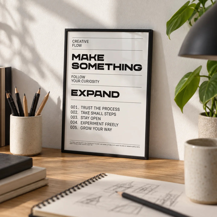 Quotes for Room Wall, a small A4 framed print leaning on an oak desk
