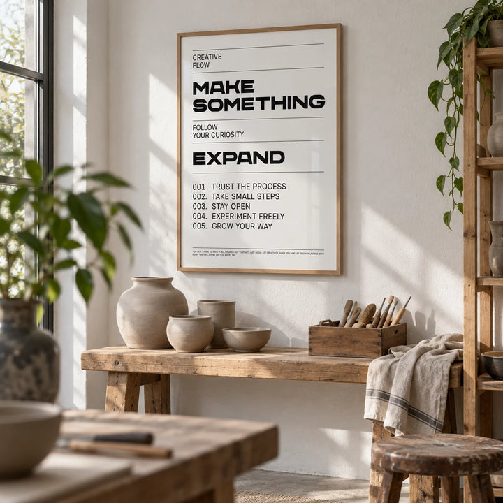 Quotes for Room Wall, framed on the wall of a small pottery corner in a garden studio with a white wall in a home office