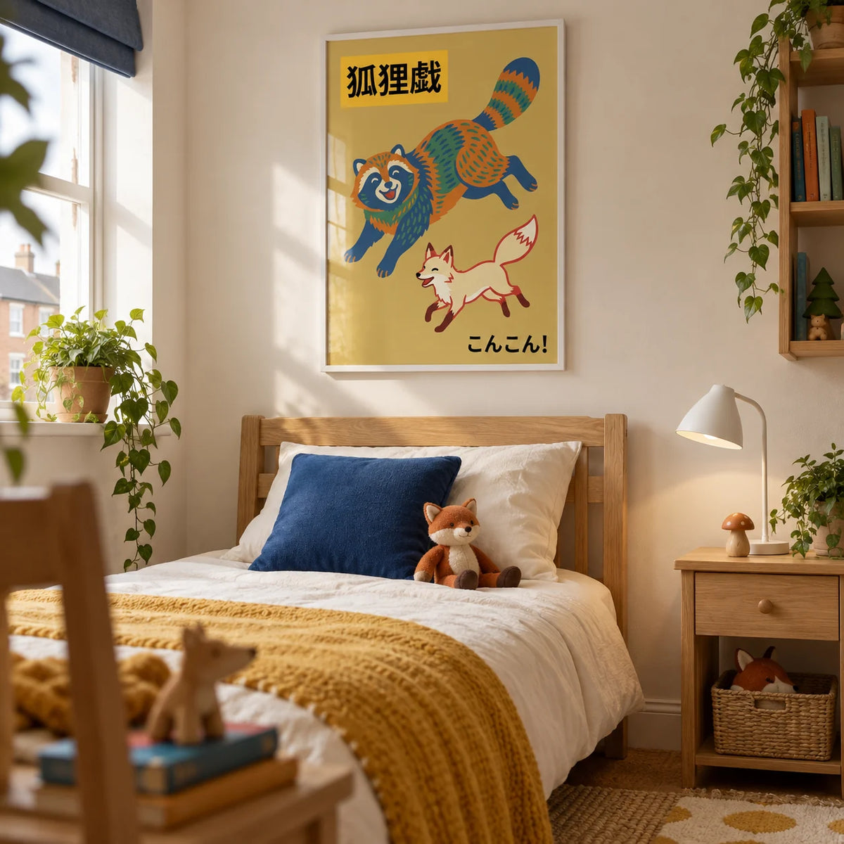 Raccoon Wildlife Art Print, framed on the wall of a bright woodland-inspired child's single bedroom in a UK terraced house with a warm white wall