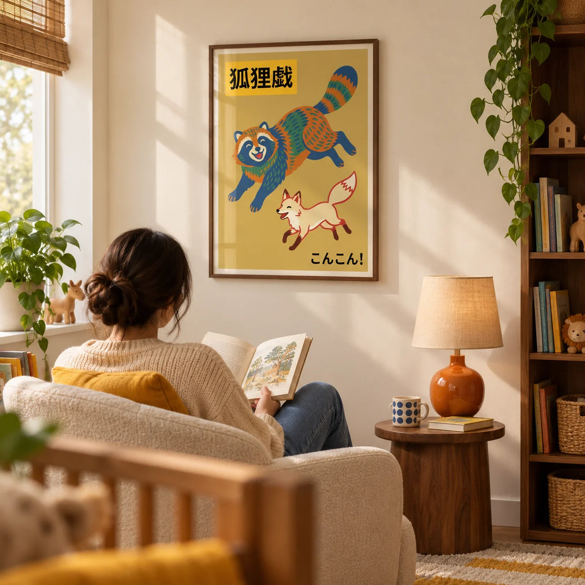 Raccoon Wildlife Art Print, framed on the wall of a cosy nursery reading corner with a warm cream wall and walnut shelving