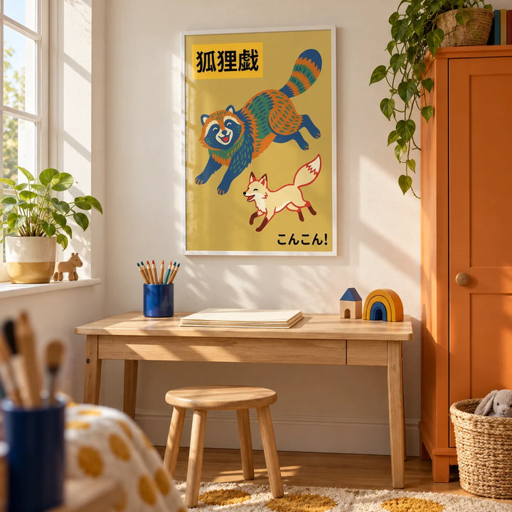 Raccoon Wildlife Art Print, framed on the wall of a sunny children's craft room in a UK family home with a warm white wall