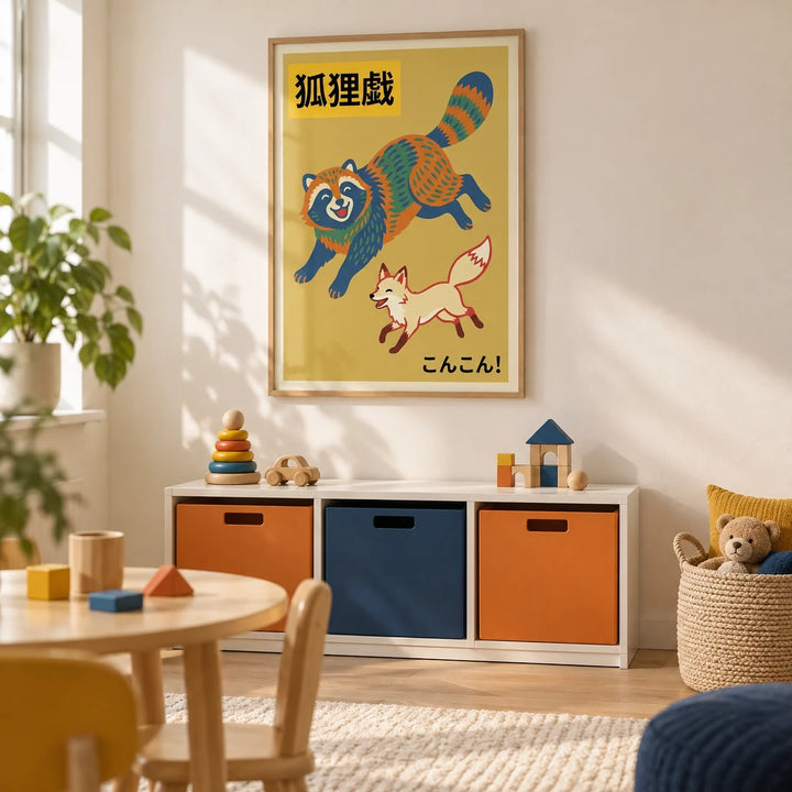 Raccoon Wildlife Art Print, framed on the wall of a tidy modern playroom in a UK family home with a cream wall and pale timber floor
