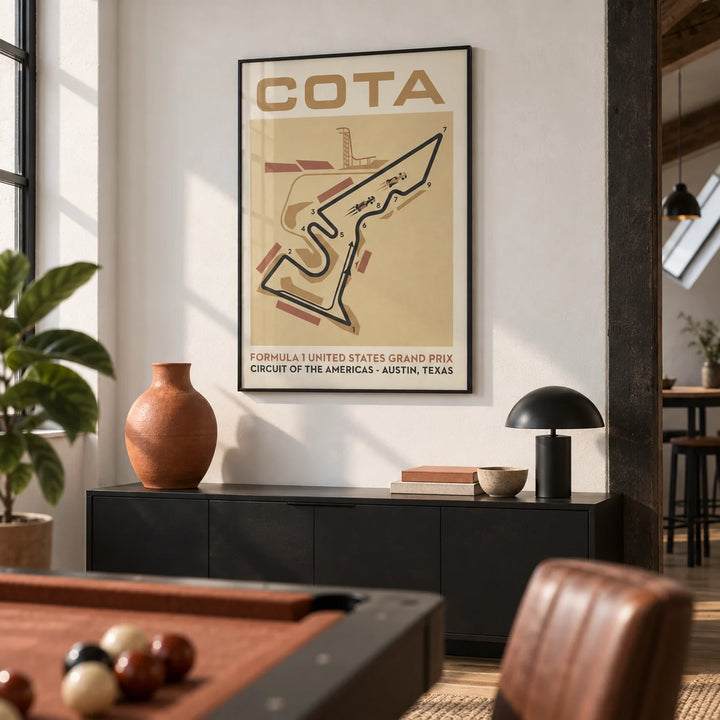 Race Track Map Poster, framed on the wall of a modern games room in a converted loft with a white wall in a living room