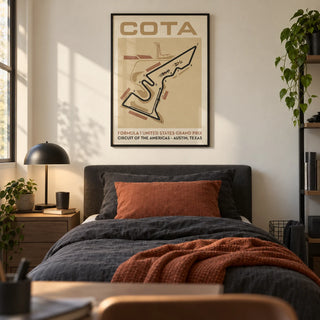 Race Track Map Poster, framed on the wall of a modern single bedroom for a teen boy (13-17) with a warm white wall