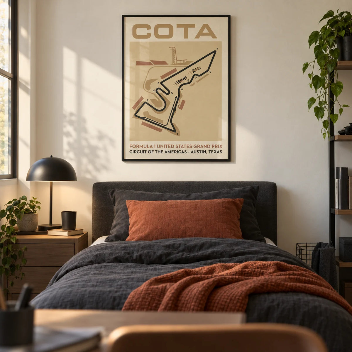 Race Track Map Poster, framed on the wall of a modern single bedroom for a teen boy (13-17) with a warm white wall