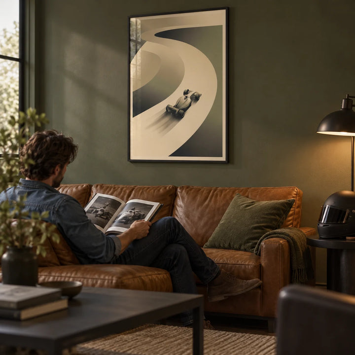 Racing Car Art Print, framed on the wall of a man cave with a dark olive green painted wall in a living room