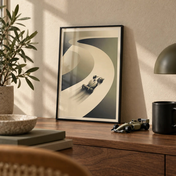 Racing Car Art Print, a small A4 framed print leaning on a desk