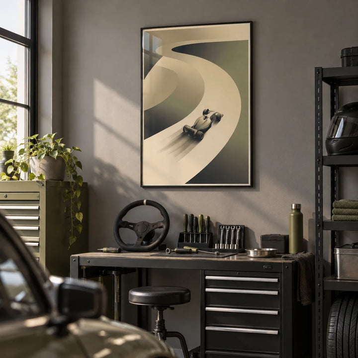 Racing Car Art Print, framed on the wall of a smart garage workshop den with grey painted walls