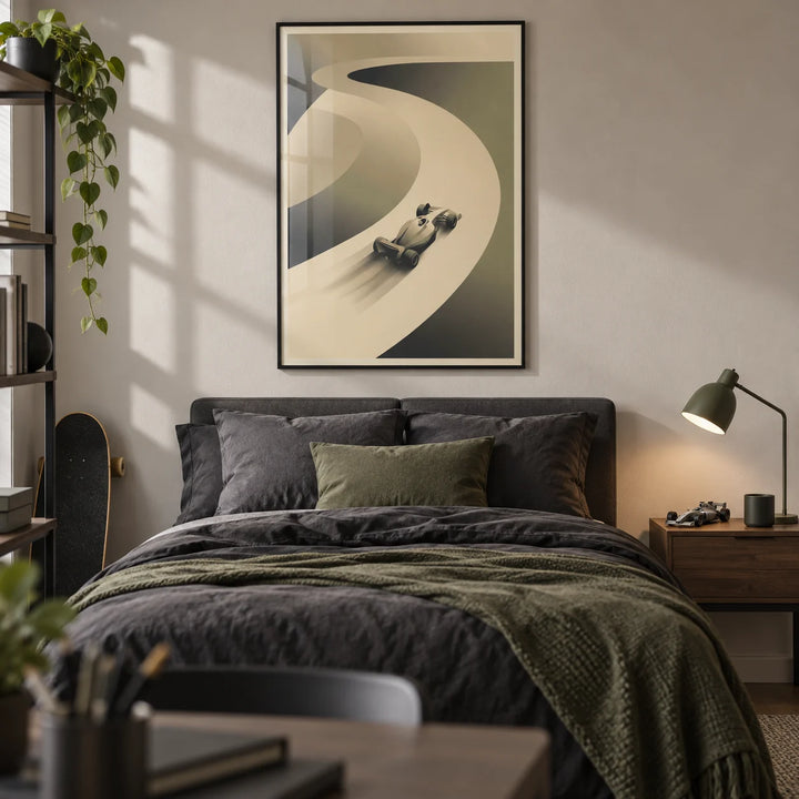 Racing Car Art Print, framed on the wall of a teenage boy's bedroom (13-17)
