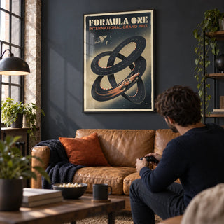 Racing Car Wall Art, framed on the wall of a modern games room in a loft with a charcoal wall in a living room