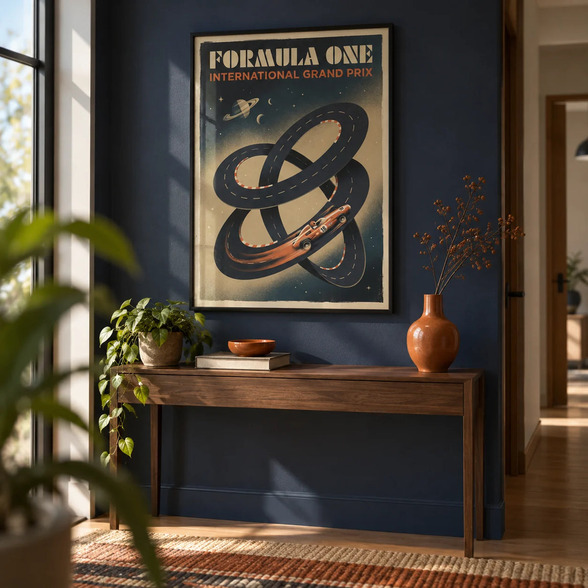 Racing Car Wall Art, framed on the wall of a modern hallway with a navy wall