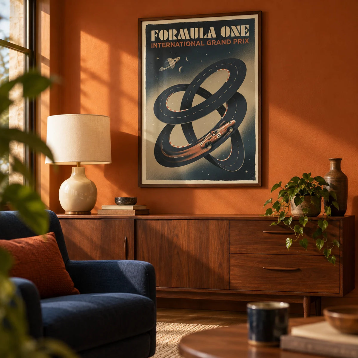 Racing Car Wall Art, framed on the wall of a retro living room with a burnt orange painted wall