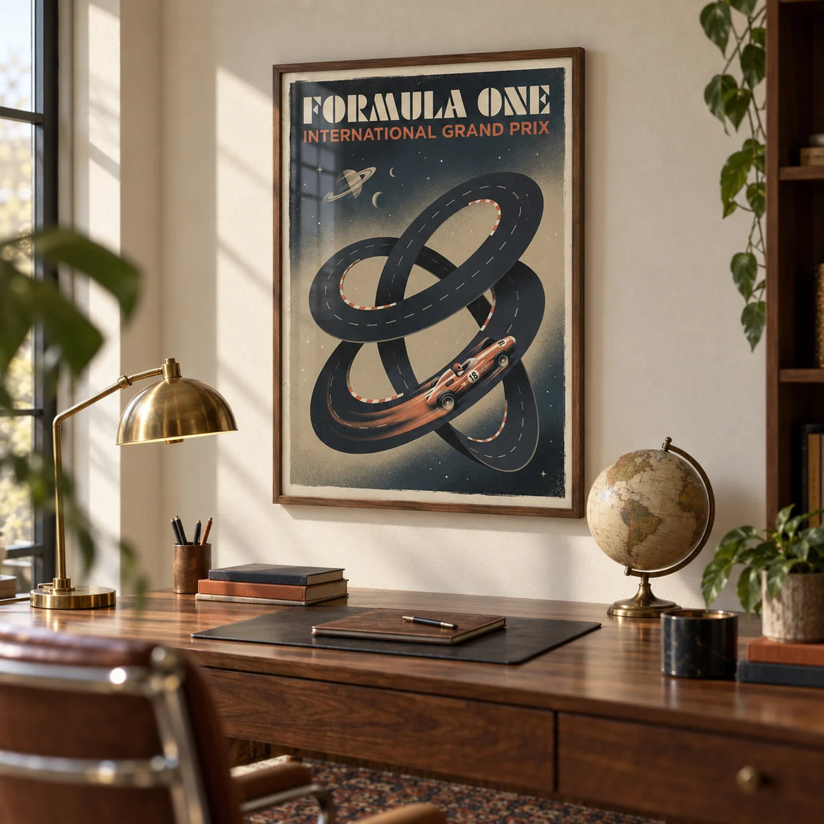 Racing Car Wall Art, framed on the wall of a retro study with a cream wall