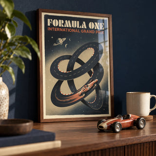 Racing Car Wall Art, a small A4 framed print leaning on a walnut shelf in a living room