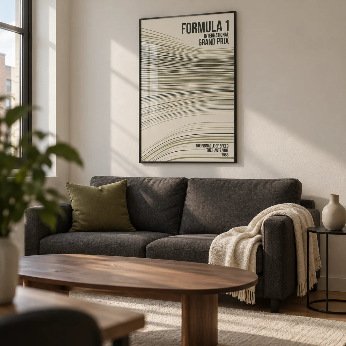 Racing Track Lines Poster, framed on the wall of a modern living room in a motorsport fan's first UK flat (22-28)