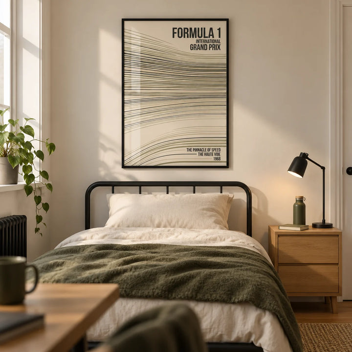 Racing Track Lines Poster, framed on the wall of a modern motorsport-loving teenager's bedroom (16-17) in a UK terraced house with a warm white wall and oak floor