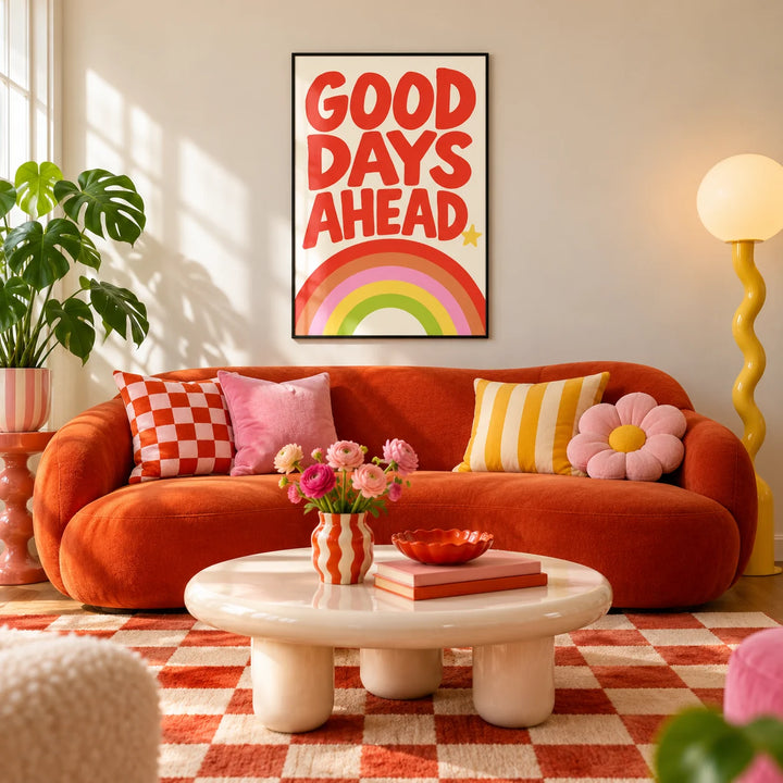 Rainbow Print, framed on the wall of a colourful dopamine living room