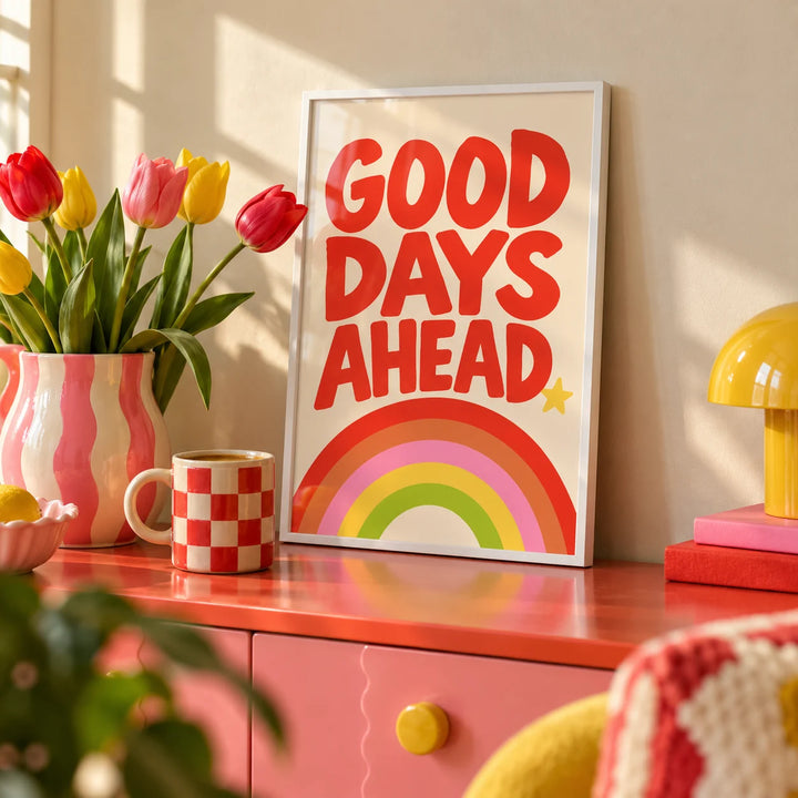 Rainbow Print, a small A4 framed print leaning on a colourful lacquered shelf in a living room