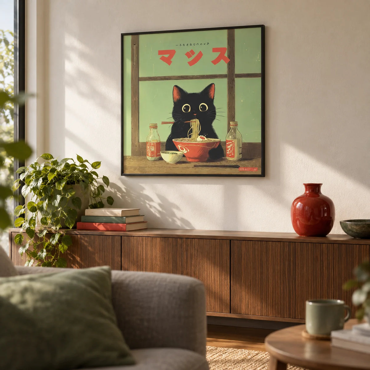 Ramen Cat Art, framed on the wall of a first-flat living room