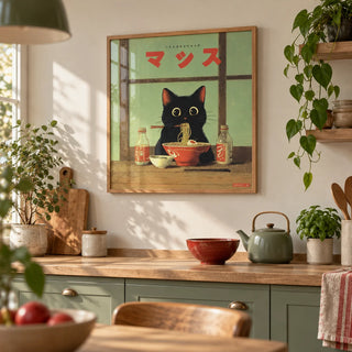 Ramen Cat Art, framed on the wall of a kitchen with sage green cabinets