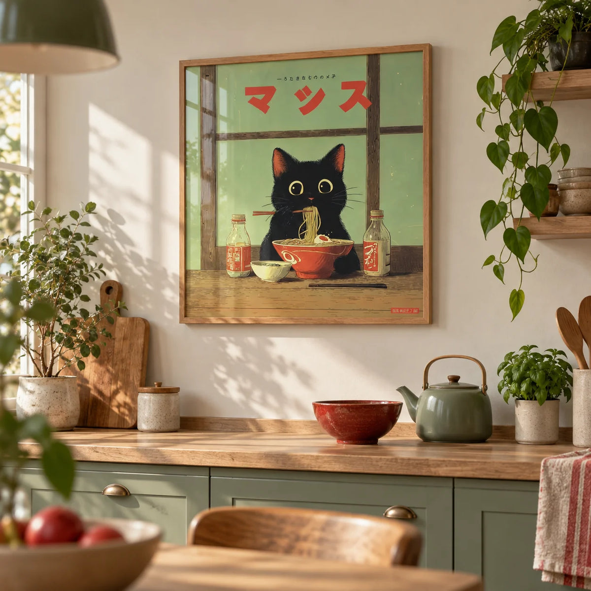 Ramen Cat Art, framed on the wall of a kitchen with sage green cabinets