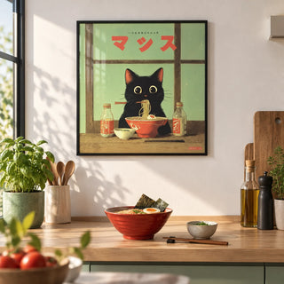 Ramen Cat Art, framed on the wall of a modern kitchen