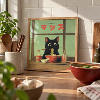 Ramen Cat Art, a small A4 framed print leaning on a worktop in a kitchen