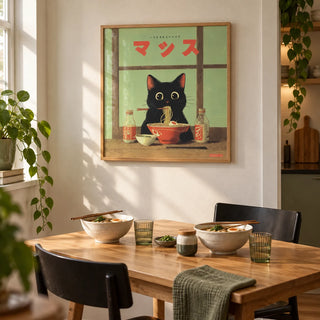 Ramen Cat Art, framed on the wall of a small dining nook in a first flat (age 22-28)