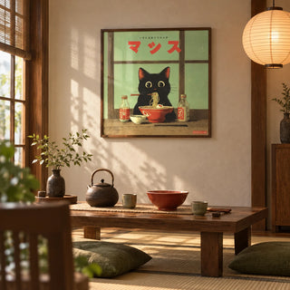 Ramen Cat Art, framed on the wall of a small Japanese-style dining room