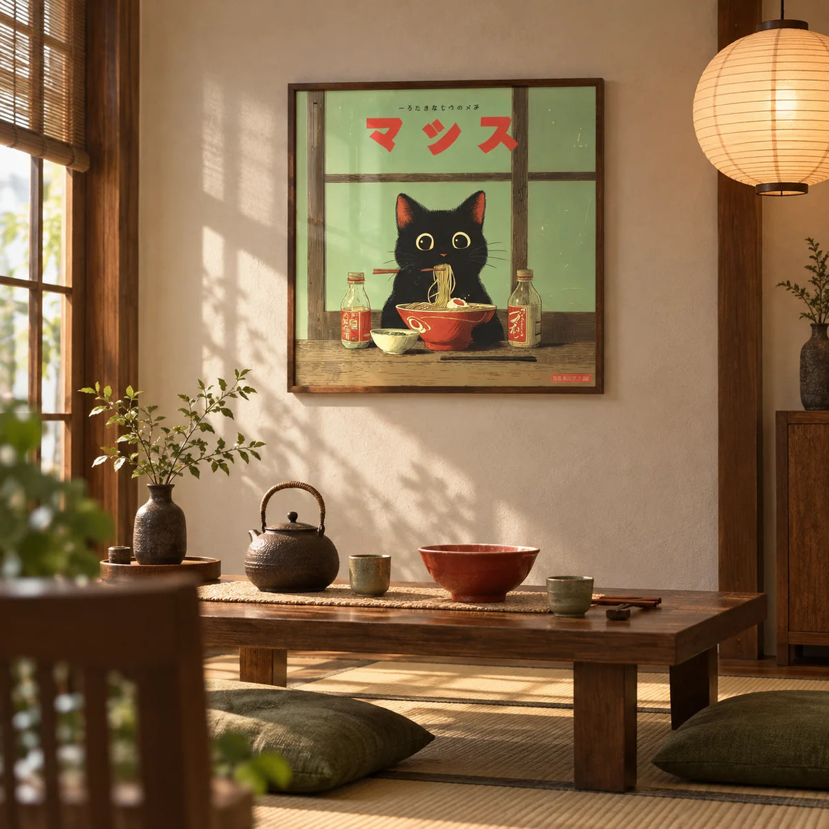 Ramen Cat Art, framed on the wall of a small Japanese-style dining room