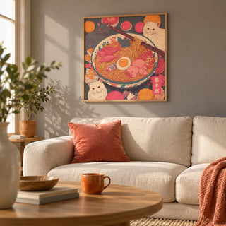 Ramen Cat Print, framed on the wall of a cosy living room with a warm grey painted wall