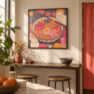 Ramen Cat Print, framed on the wall of a first-flat kitchen breakfast bar in a ramen-bar style