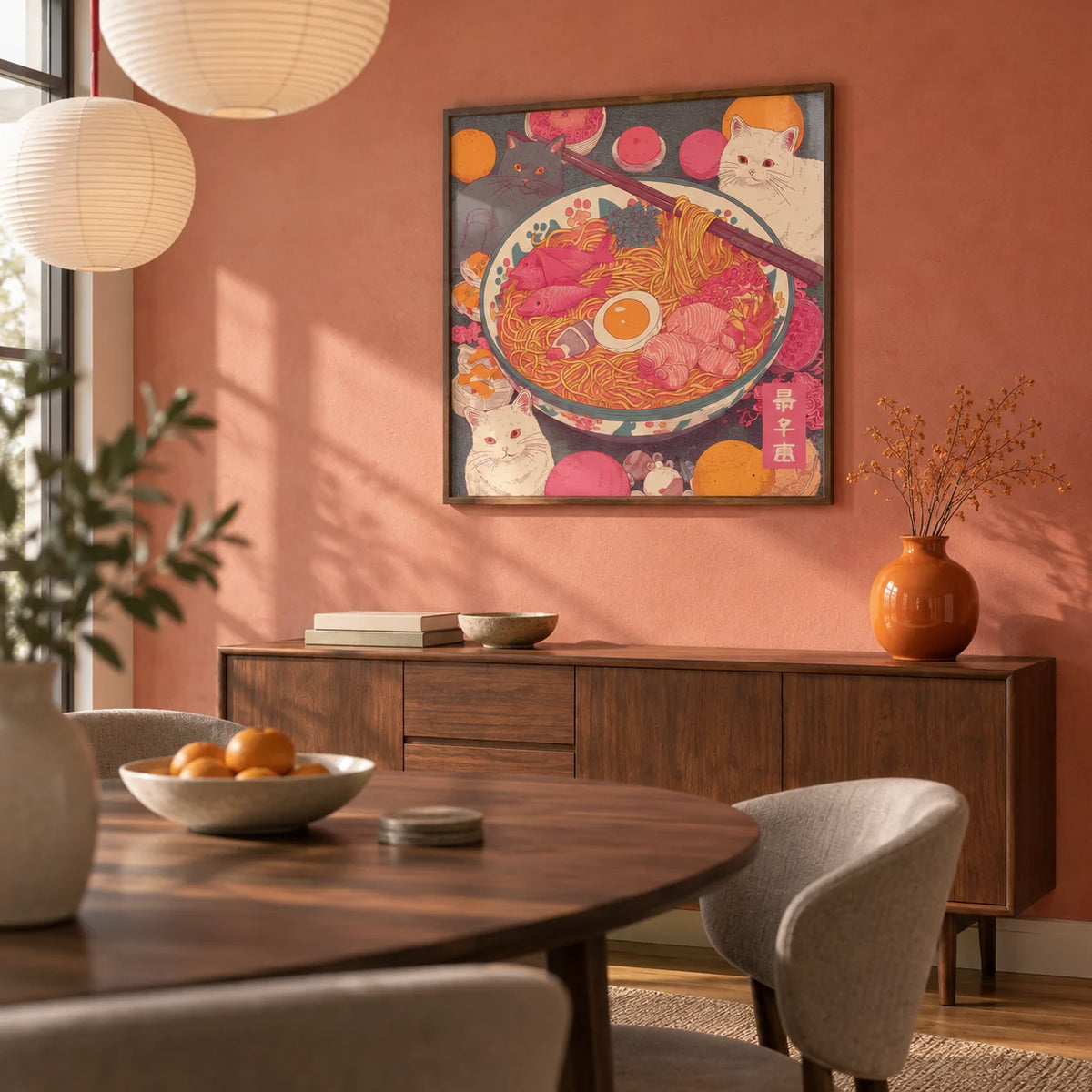 Ramen Cat Print, framed on the wall of a modern dining room with a soft coral limewashed wall