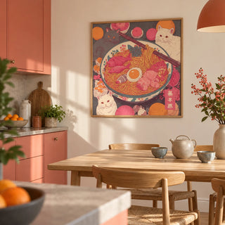 Ramen Cat Print, framed on the wall of an open-plan kitchen-diner with solid coral kitchen units