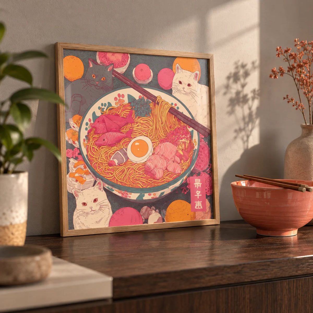 Ramen Cat Print, a small A4 framed print leaning on a dark oak shelf in a living room