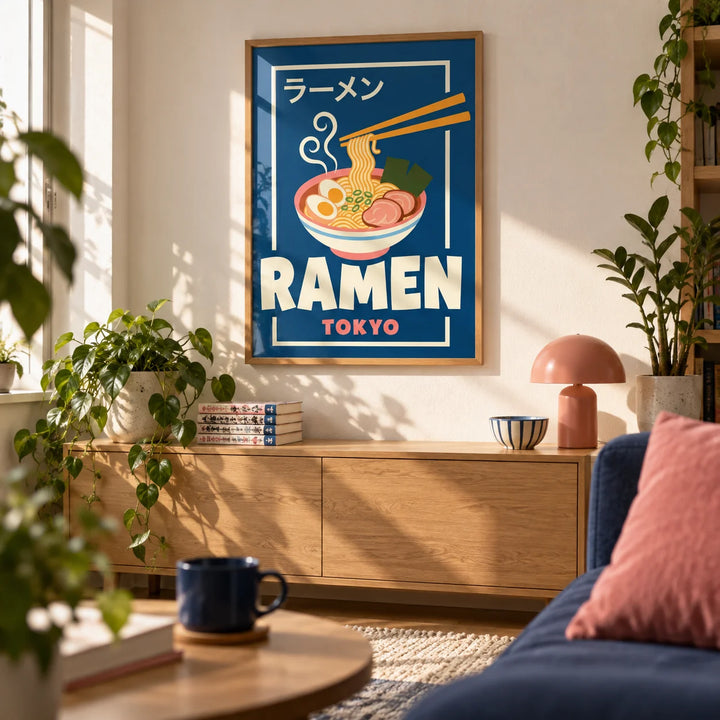 Ramen Poster, framed on the wall of a first-flat living room