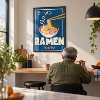 Ramen Poster, framed on the wall of a modern kitchen breakfast bar