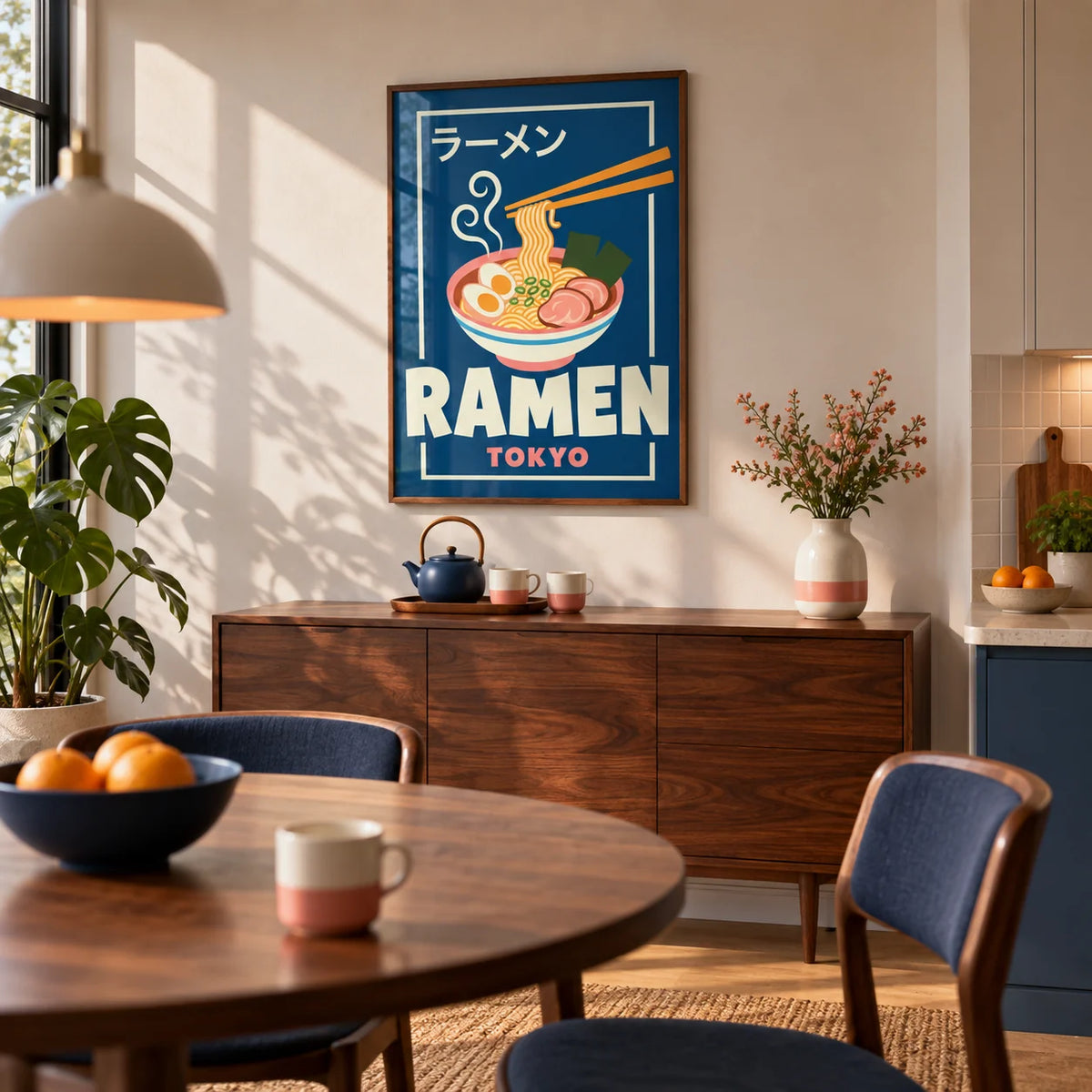 Ramen Poster, framed on the wall of an open kitchen-diner