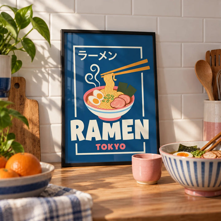 Ramen Poster, a small A4 framed print leaning on a worktop in a kitchen