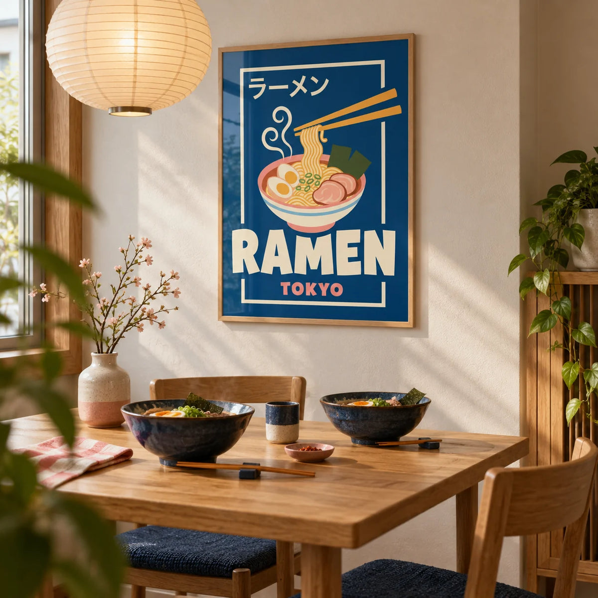 Ramen Poster, framed on the wall of a small Japanese-style dining nook