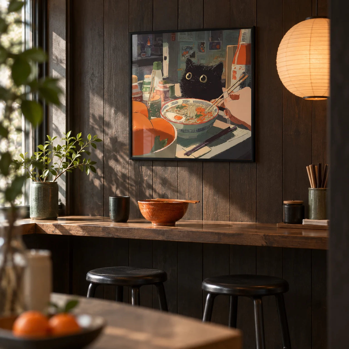Ramen Wall Art, framed on the wall of a kitchen breakfast bar styled like a small ramen counter