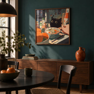Ramen Wall Art, framed on the wall of a moody dining nook with a deep teal painted wall