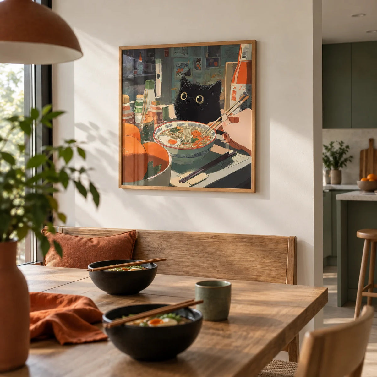 Ramen Wall Art, framed on the wall of an open-plan kitchen-diner with white walls